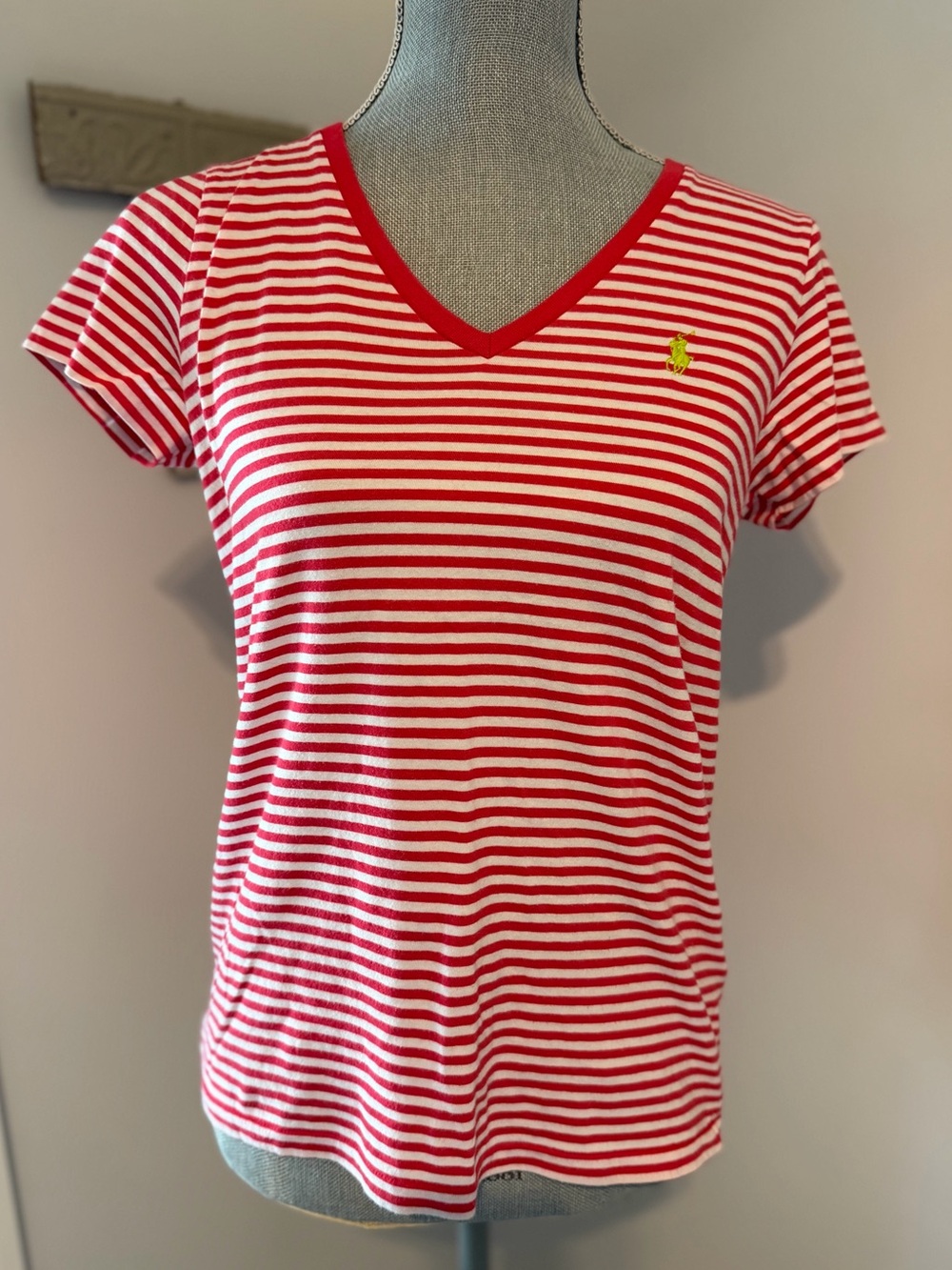 RALPH LAUREN Short Sleeve V-neck Cotton Striped T-shirt Pony Logo Size M